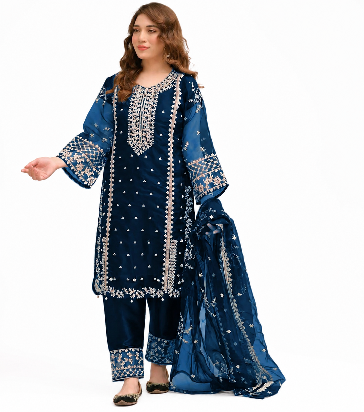 Blue Embroidered 3-Piece Suit for Women