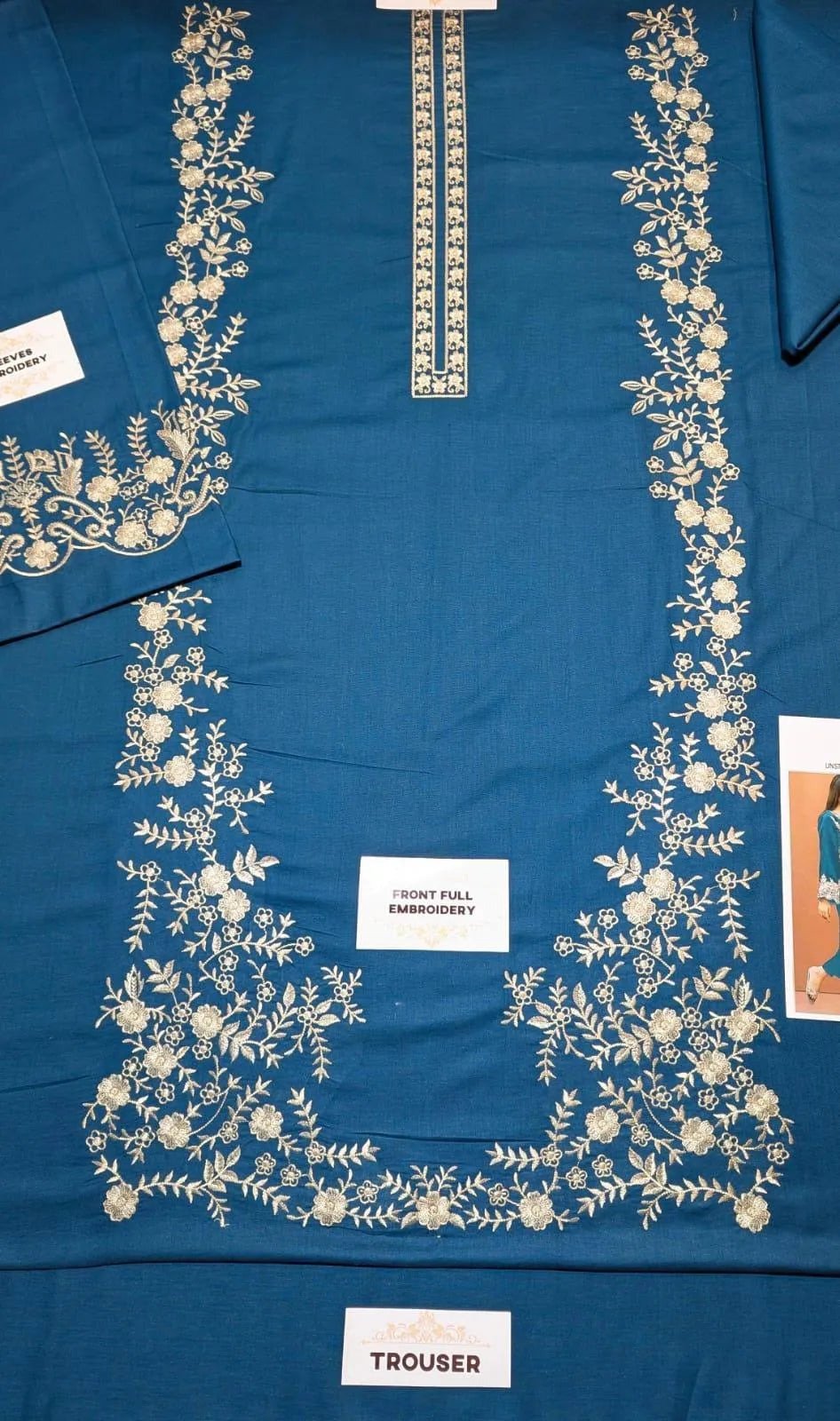 Premium Teal Embroidered Unstitched Lawn 3 Piece Suit for Women