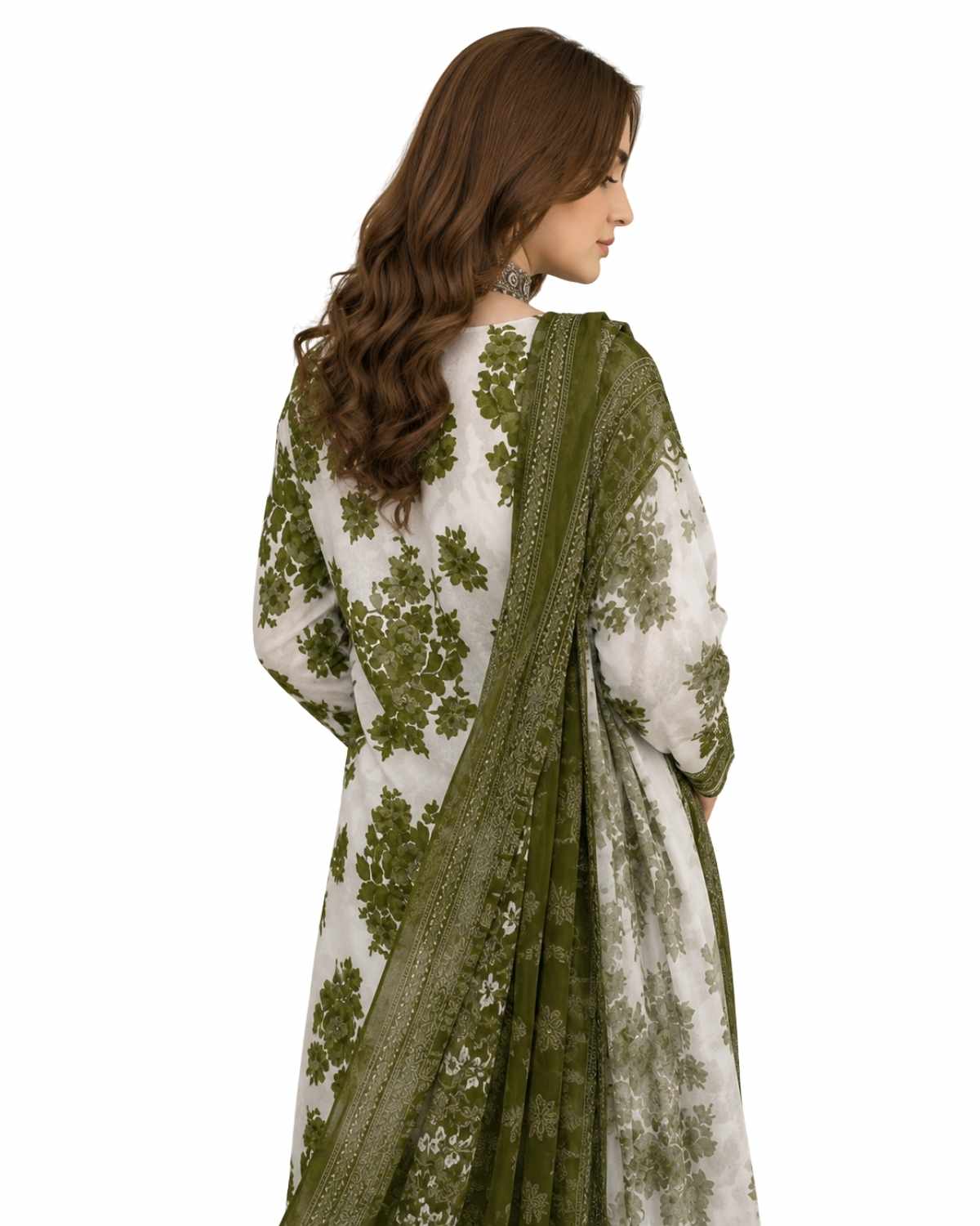 Maria B Inspired Olive Bloom Printed Lawn Suit with Chiffon Dupatta – 3 Piece