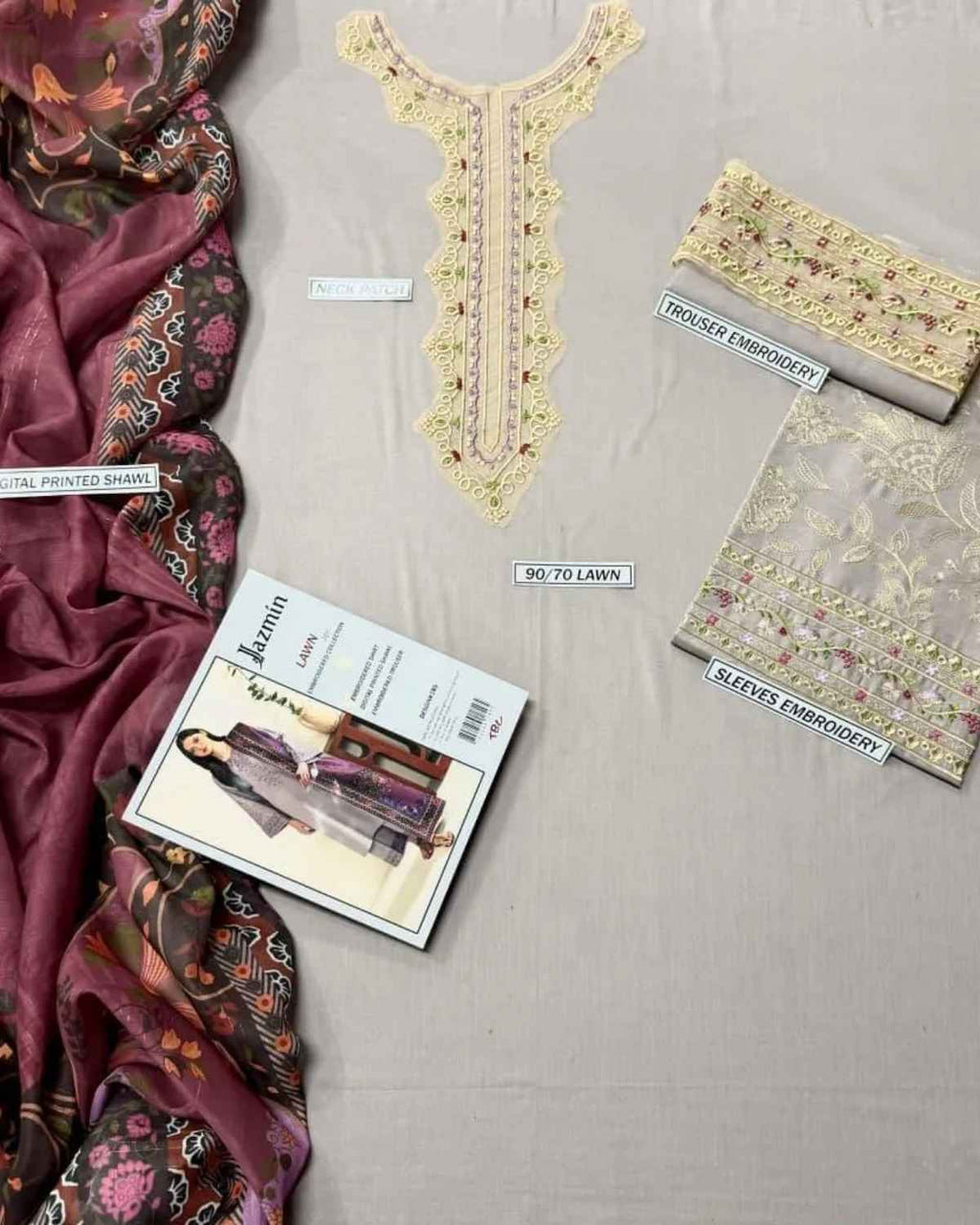 Jazmin  Luxury Printed Embroidered Lawn Suit with Digital Printed Shawl – 3 Piece