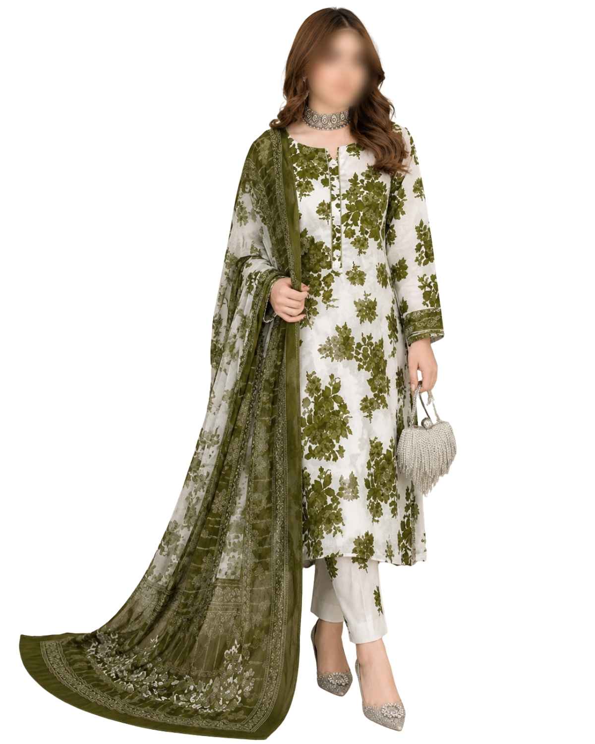 Maria B Inspired Olive Bloom Printed Lawn Suit with Chiffon Dupatta – 3 Piece