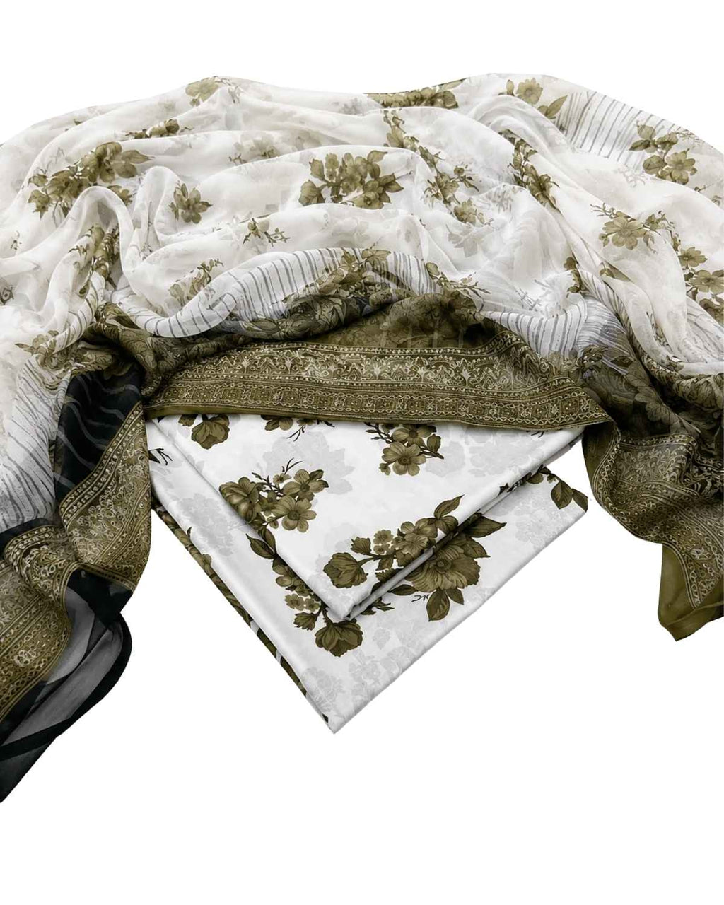 Maria B Inspired Olive Bloom Printed Lawn Suit with Chiffon Dupatta – 3 Piece
