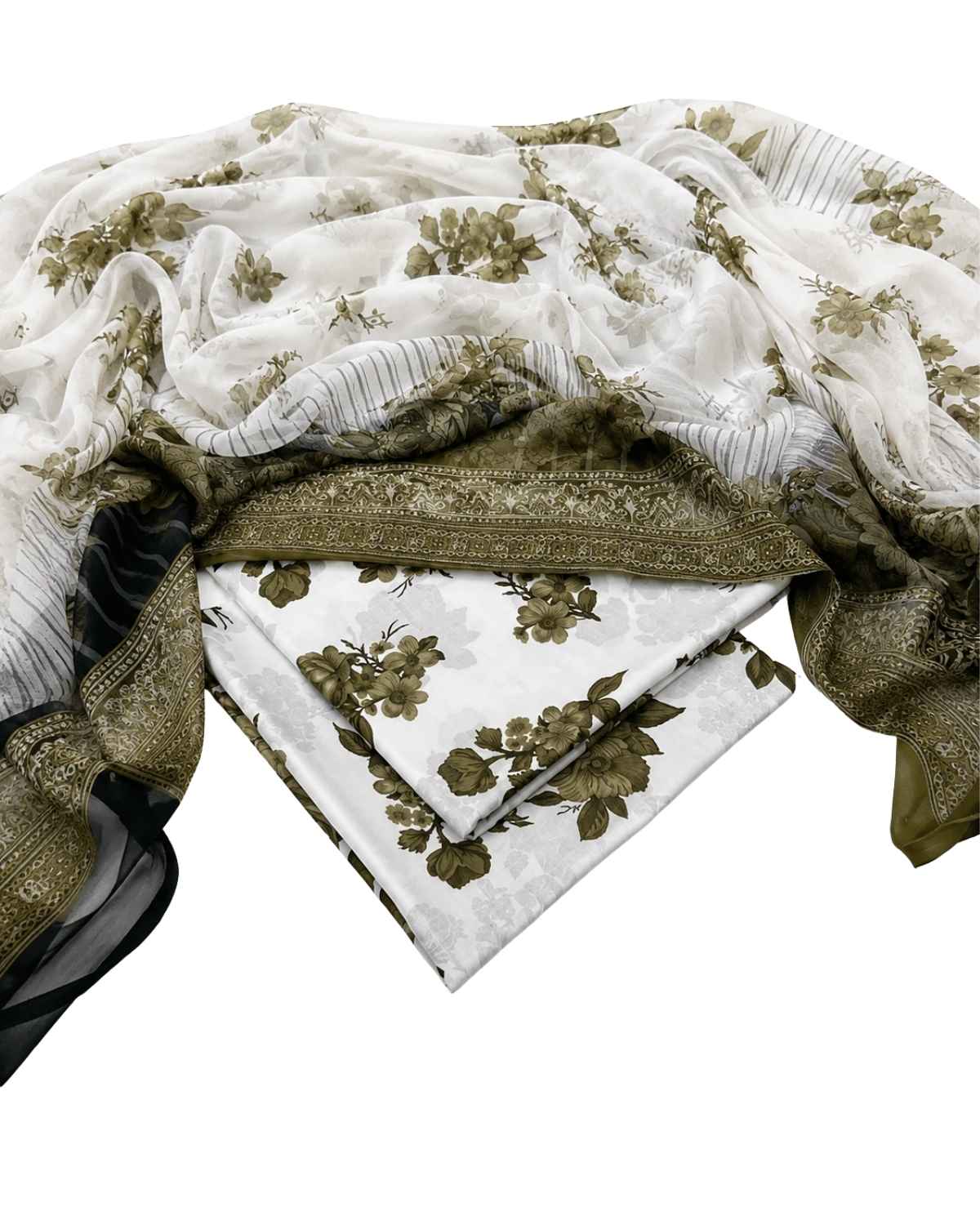 Maria B Inspired Olive Bloom Printed Lawn Suit with Chiffon Dupatta – 3 Piece