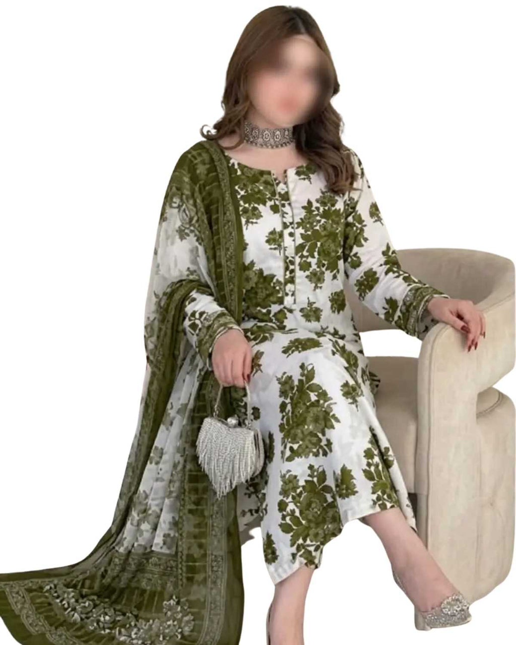 Maria B Inspired Olive Bloom Printed Lawn Suit with Chiffon Dupatta – 3 Piece
