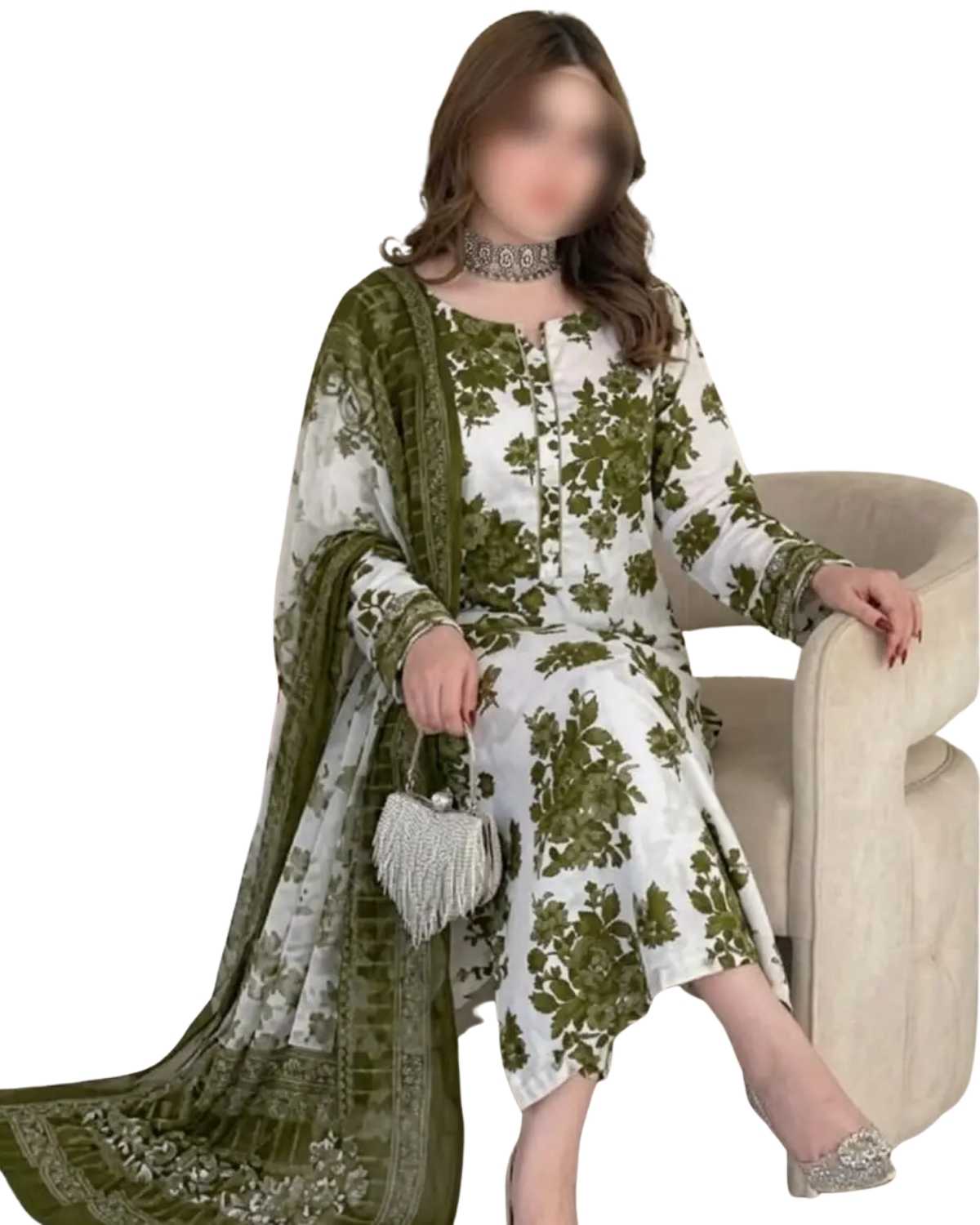 Maria B Inspired Olive Bloom Printed Lawn Suit with Chiffon Dupatta – 3 Piece