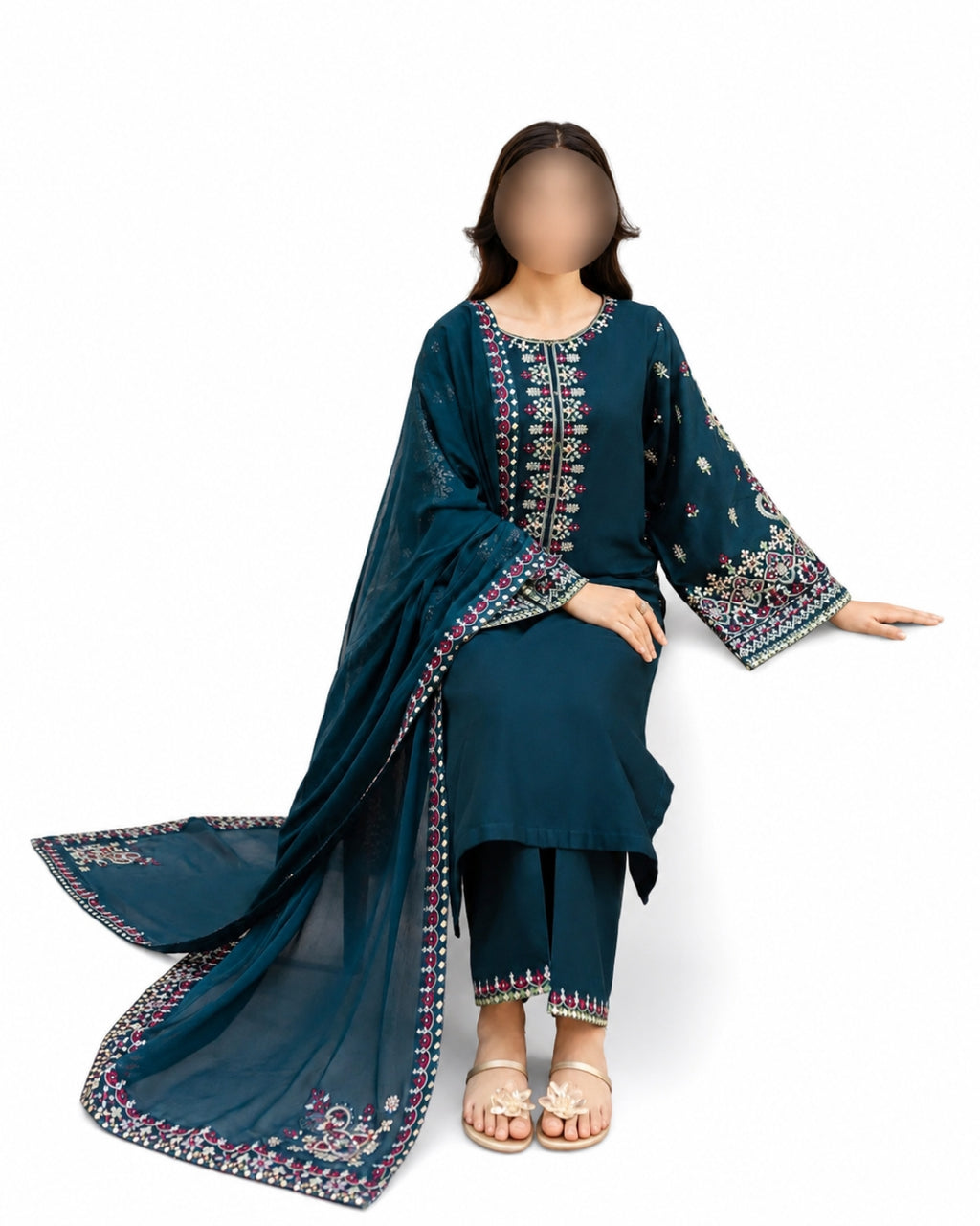 Blue Embroidered Lawn 3Pcs Women Suit Set