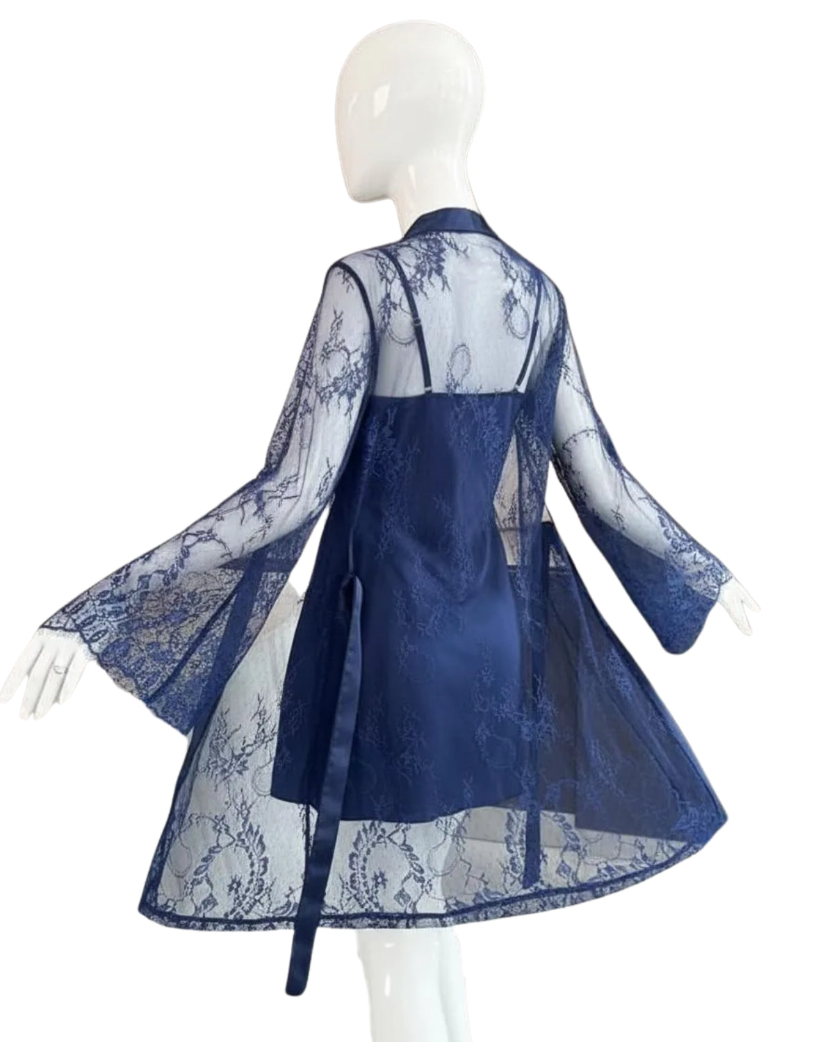 Premium Navy Blue Satin & Lace 2-Piece Night Dress Set