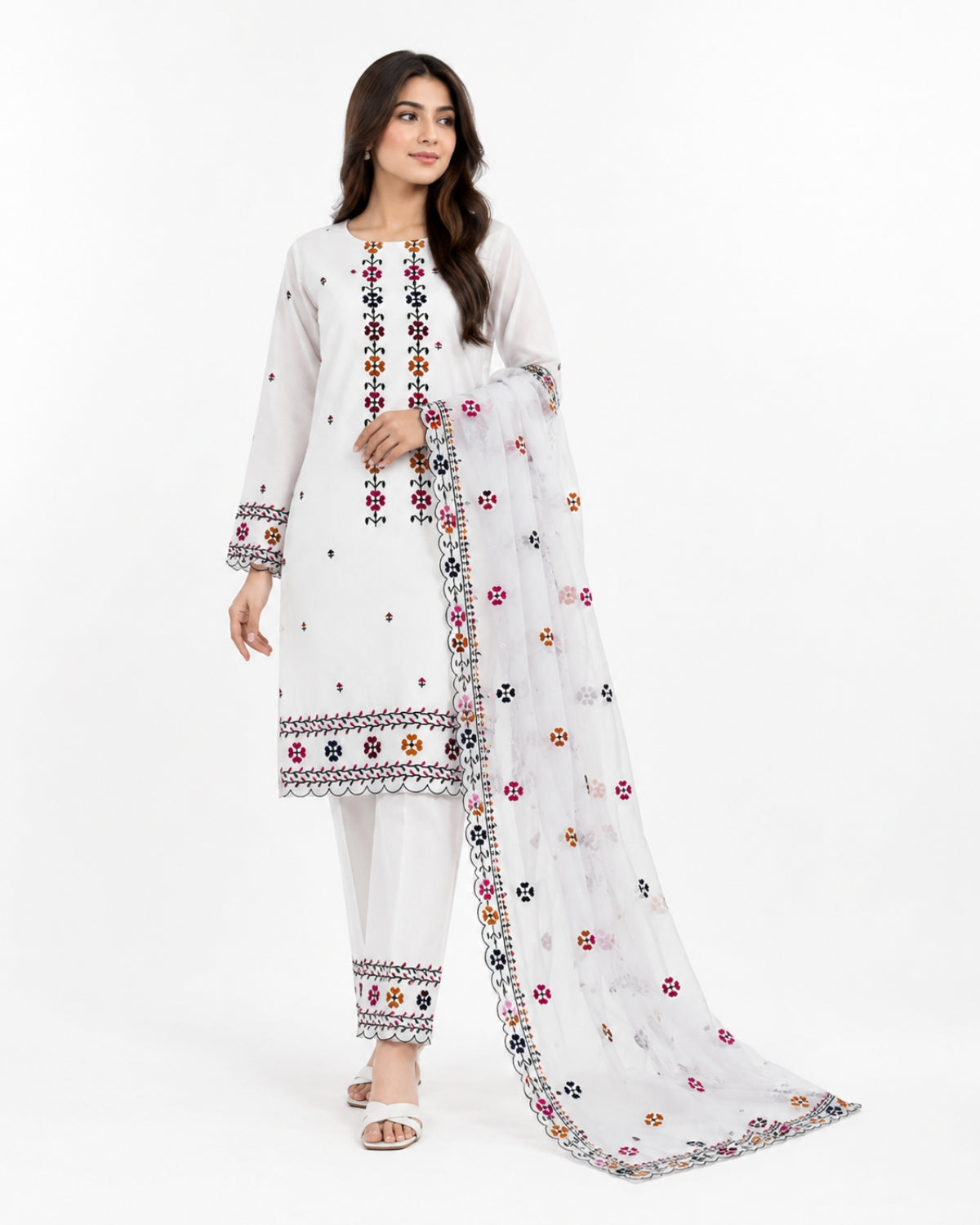White Embroidered 3 Piece Suit | Floral Pakistani Women's Dress