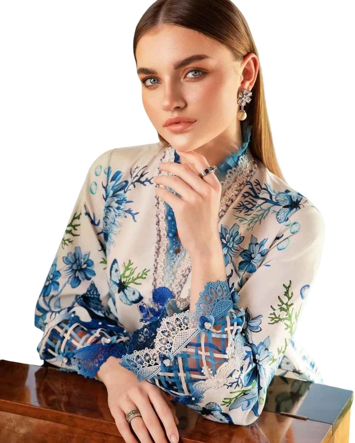 Maria B Inspired Premium Printed Lawn 3 Piece Suit – Sky Blue Floral Collection