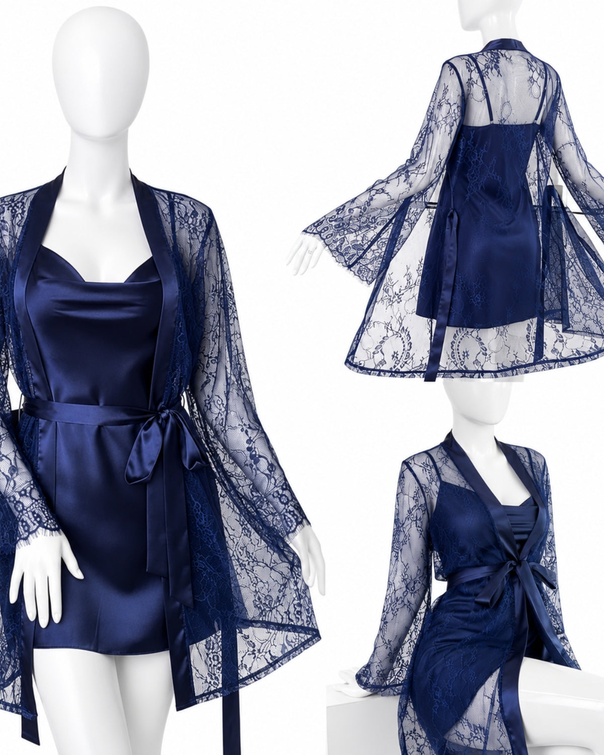 Premium Navy Blue Satin & Lace 2-Piece Night Dress Set