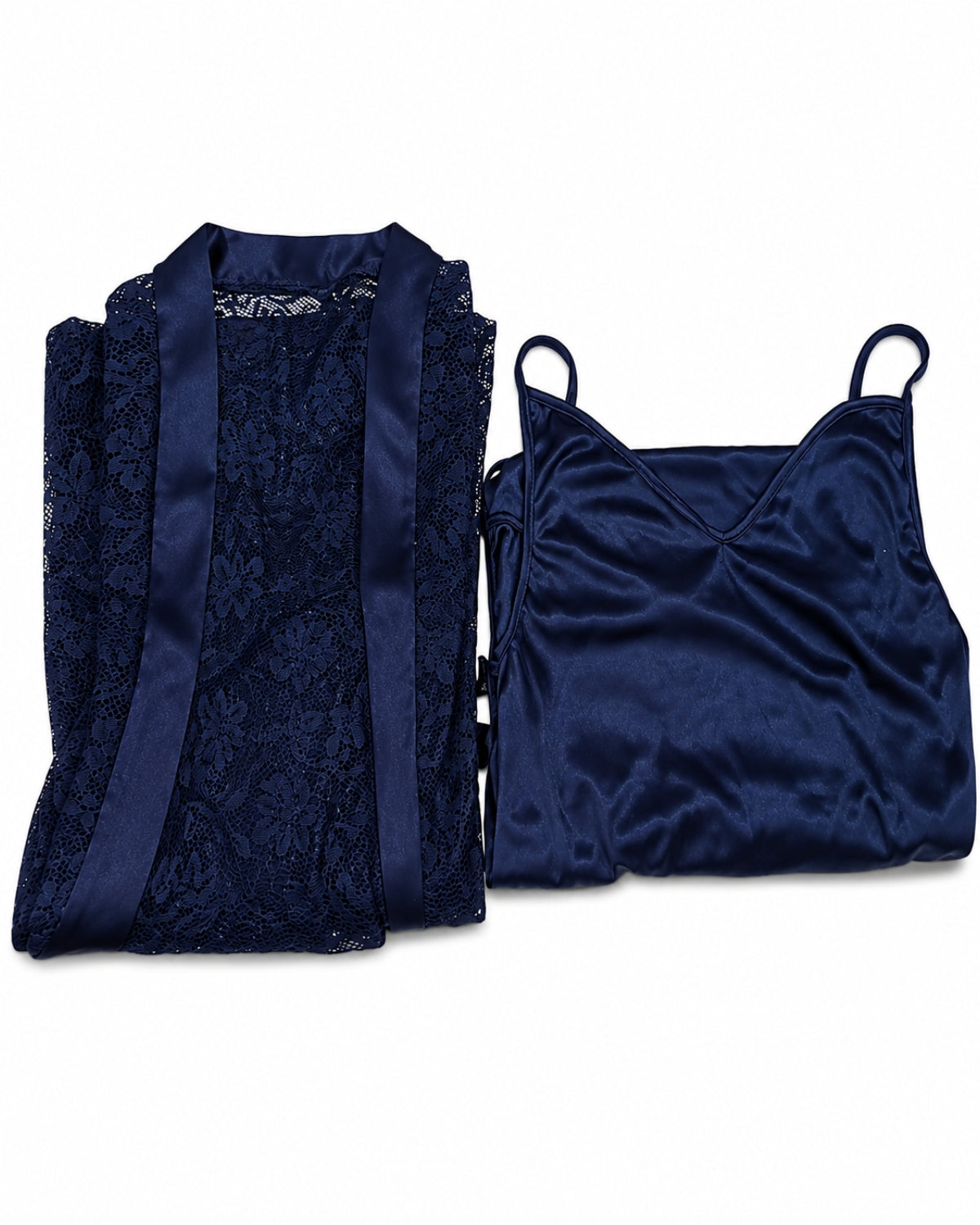 Premium Navy Blue Satin & Lace 2-Piece Night Dress Set