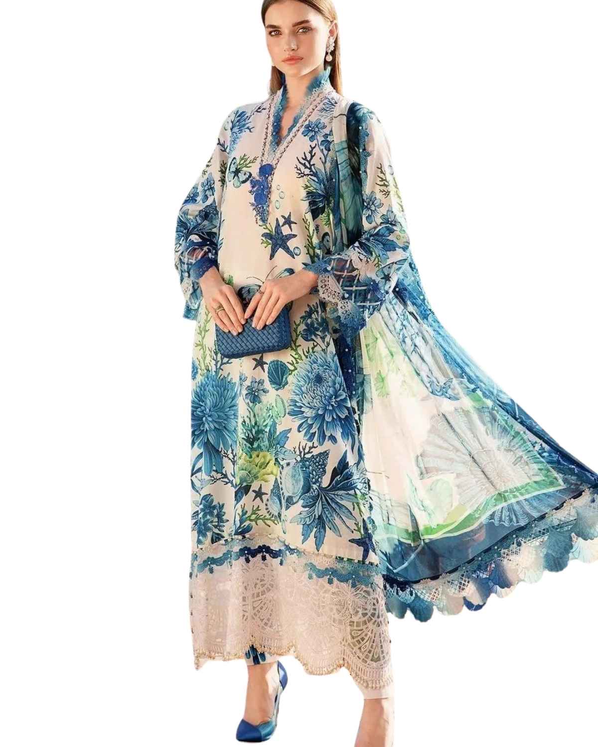 Maria B Inspired Premium Printed Lawn 3 Piece Suit – Sky Blue Floral Collection
