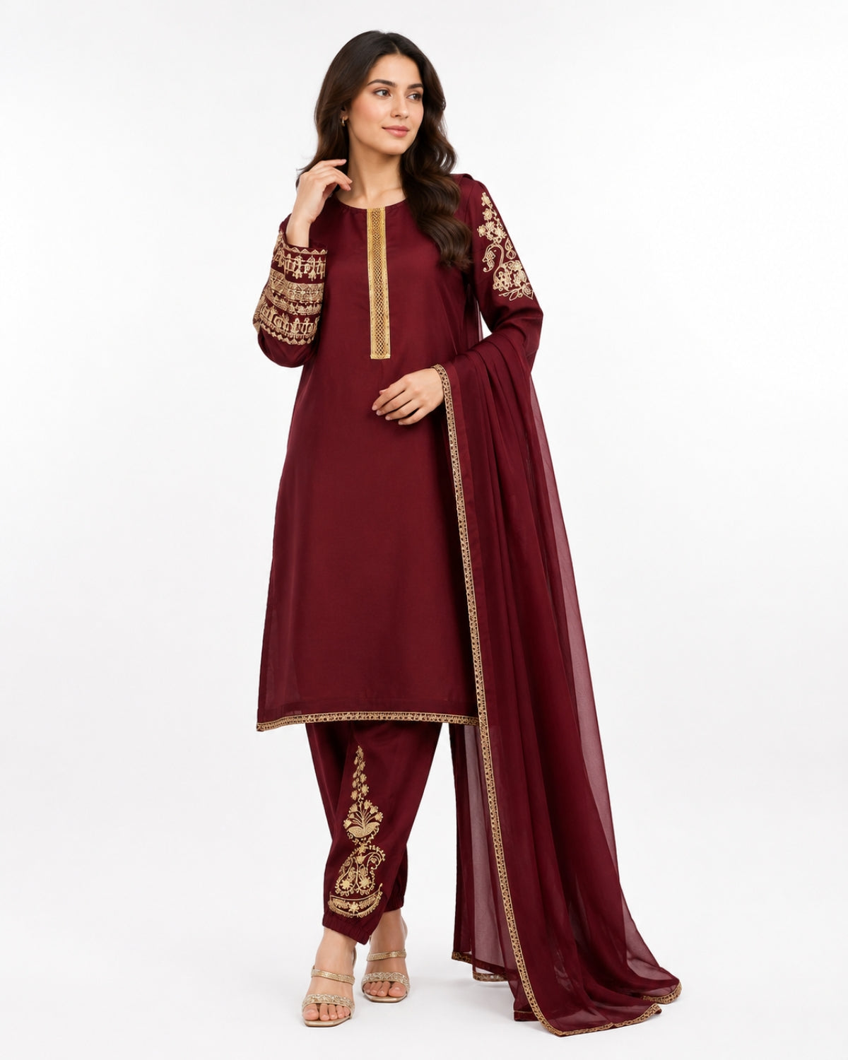 Maroon Embroidered 2 Piece Kurta Set | Elegant Pakistani Women's Dress