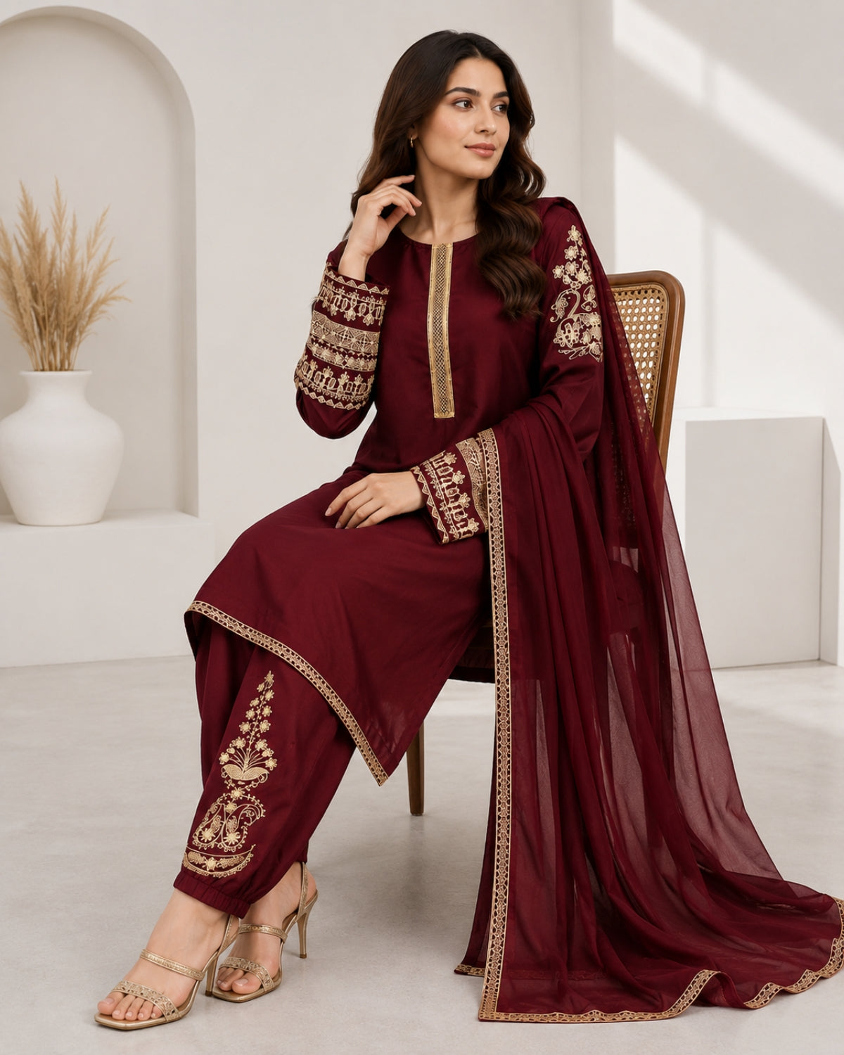 Maroon Embroidered 2 Piece Kurta Set | Elegant Pakistani Women's Dress