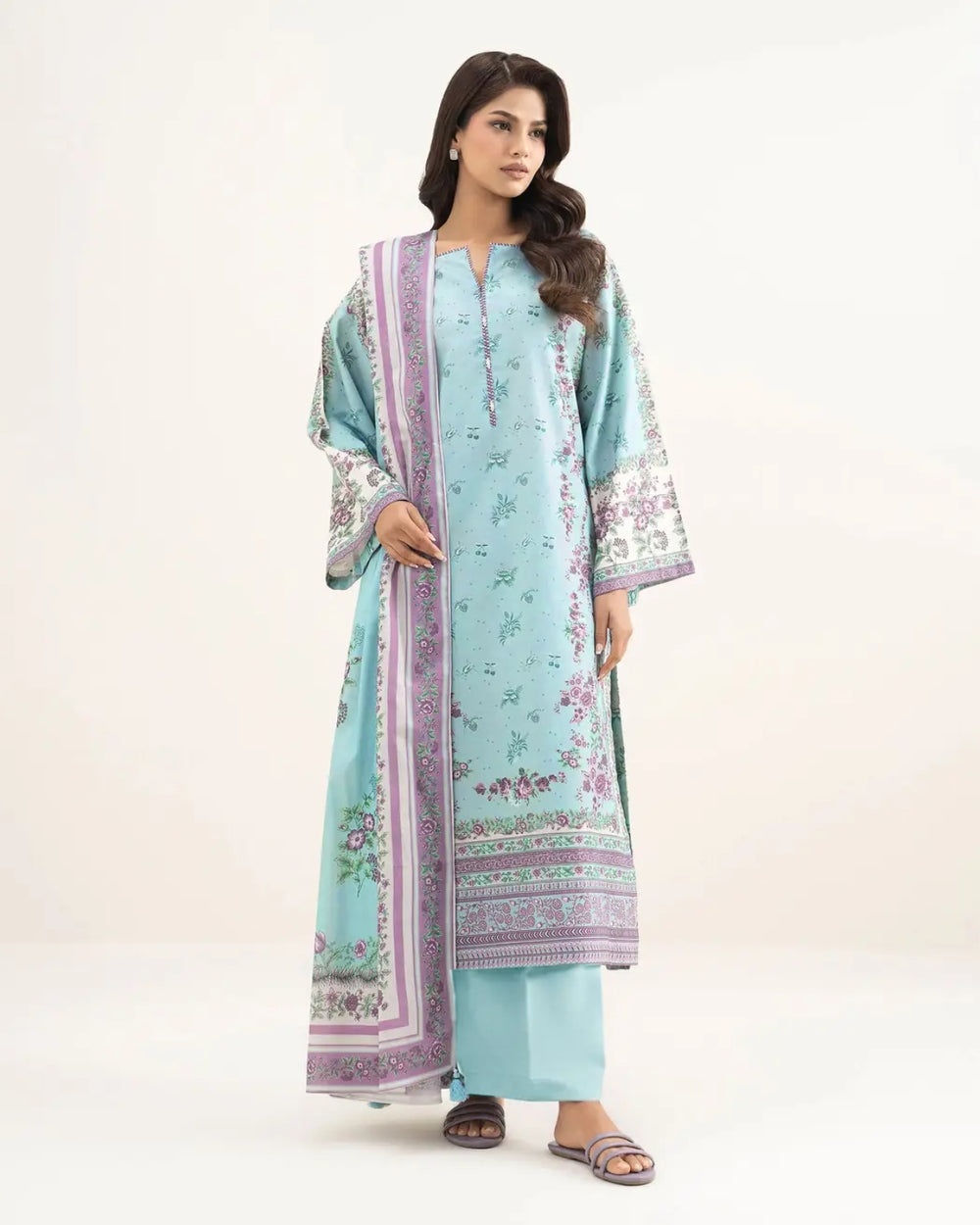 Sky Blue Printed Lawn 3 Piece Suit – Premium Summer Collection