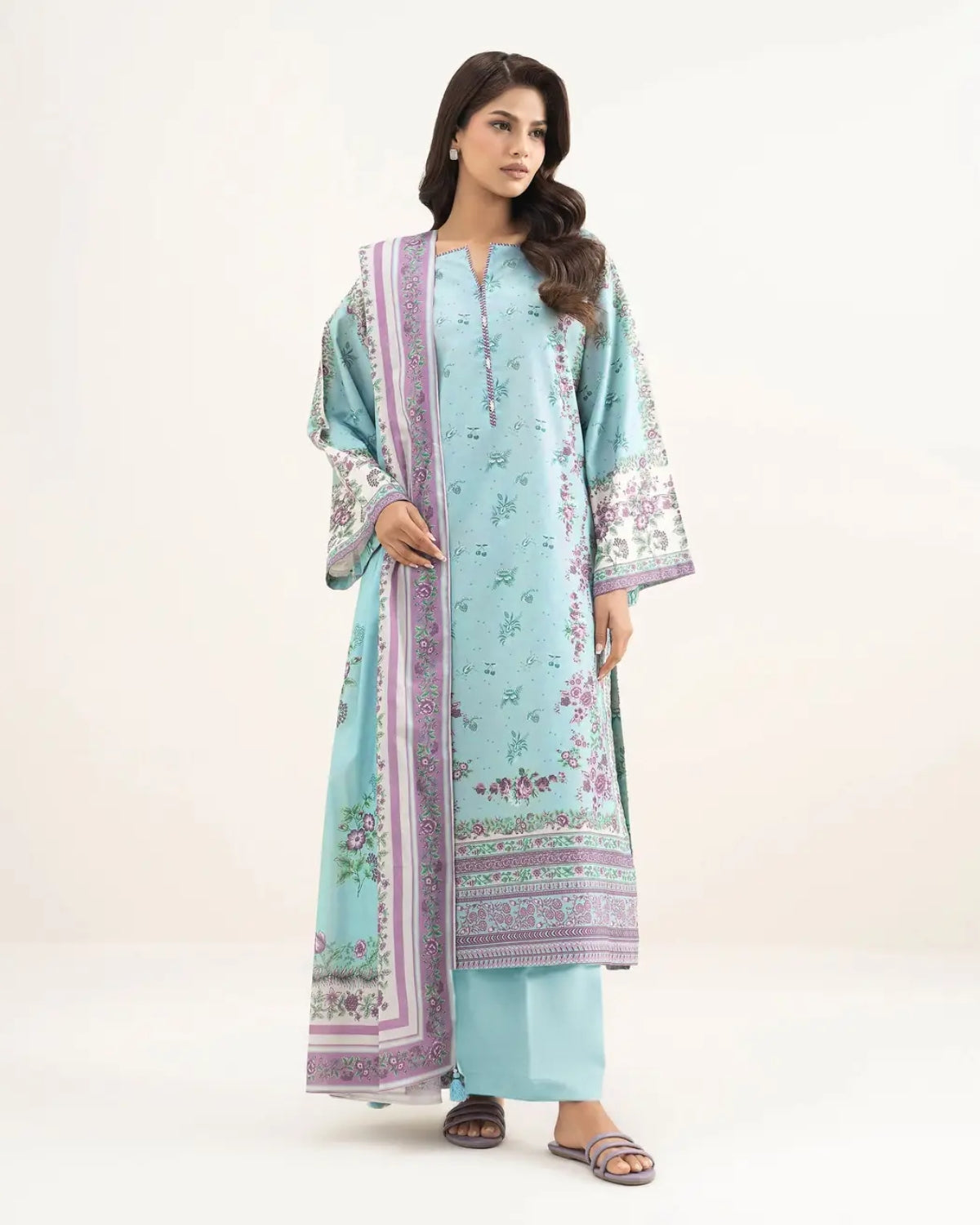 Sky Blue Printed Lawn 3 Piece Suit – Premium Summer Collection