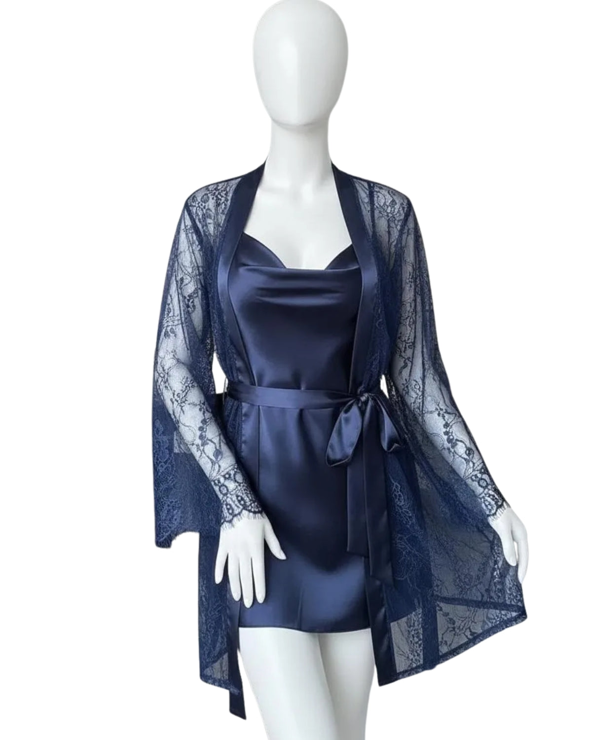 Premium Navy Blue Satin & Lace 2-Piece Night Dress Set