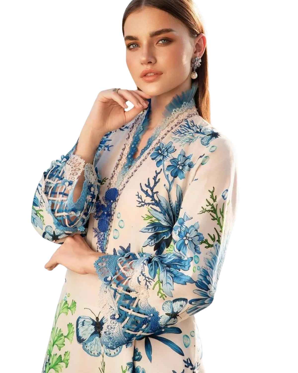 Maria B Inspired Premium Printed Lawn 3 Piece Suit – Sky Blue Floral Collection