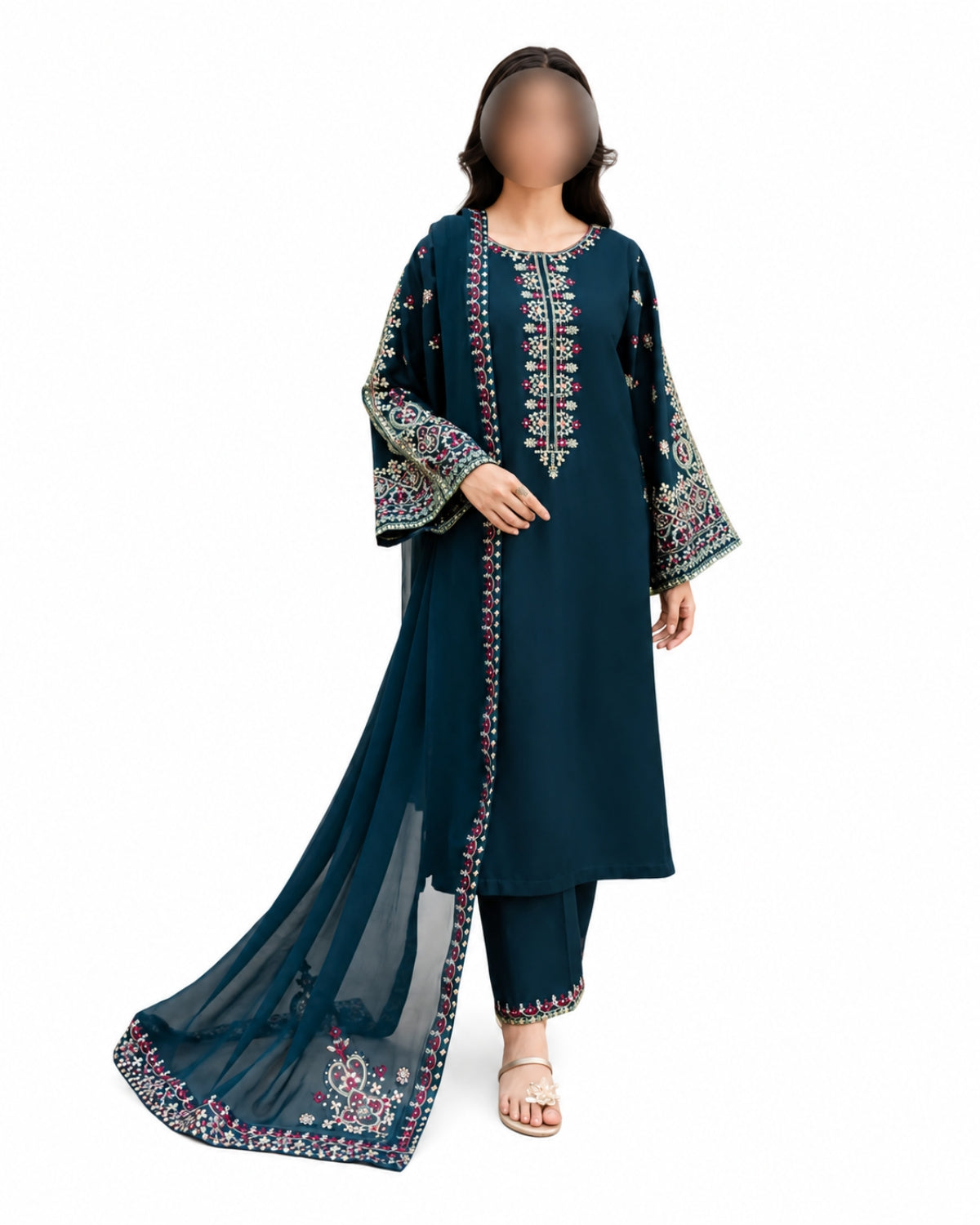 Blue Embroidered Lawn 3Pcs Women Suit Set