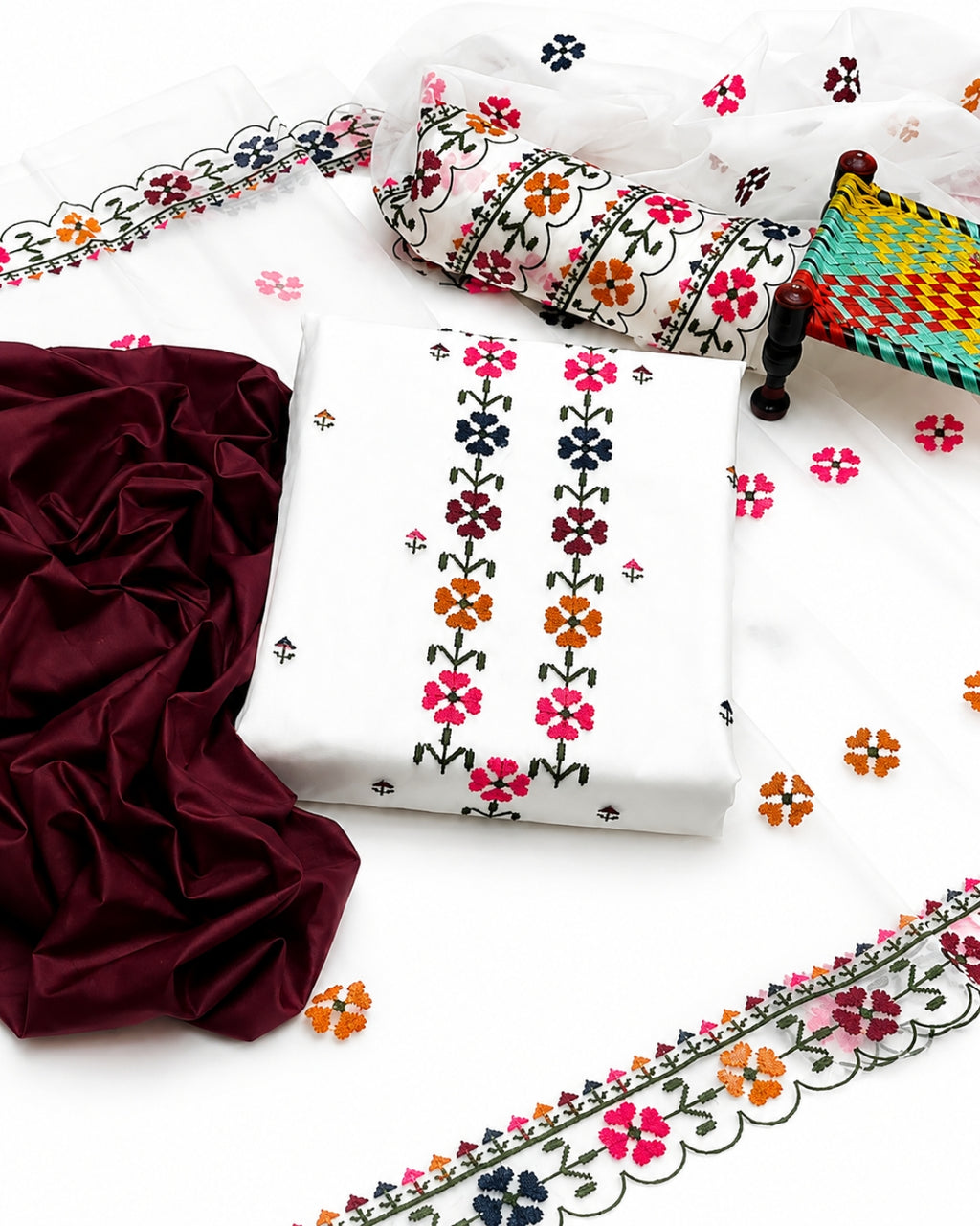 White Embroidered 3 Piece Suit | Floral Pakistani Women's Dress