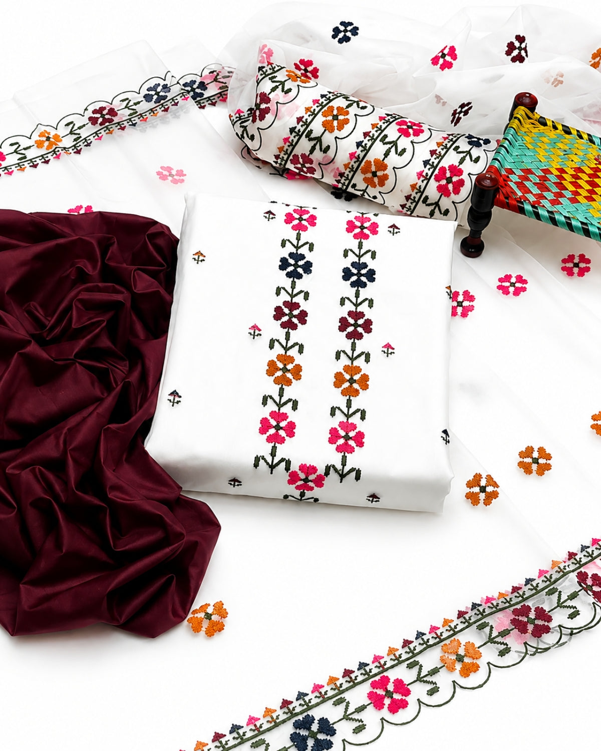 White Embroidered 3 Piece Suit | Floral Pakistani Women's Dress