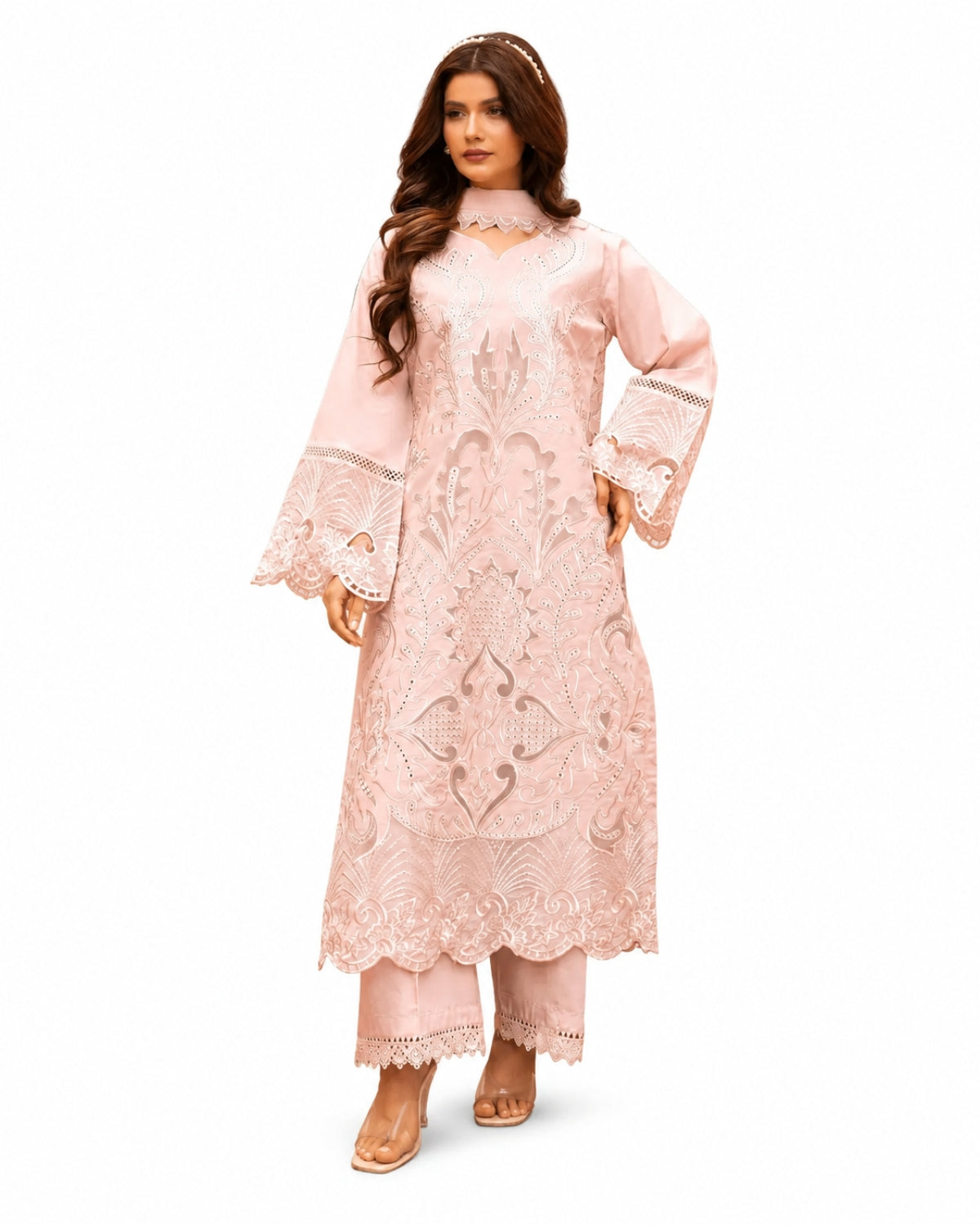 Zarar - U1A Embroidered Lawn Suit Set - 4 Pcs in Tea Pink