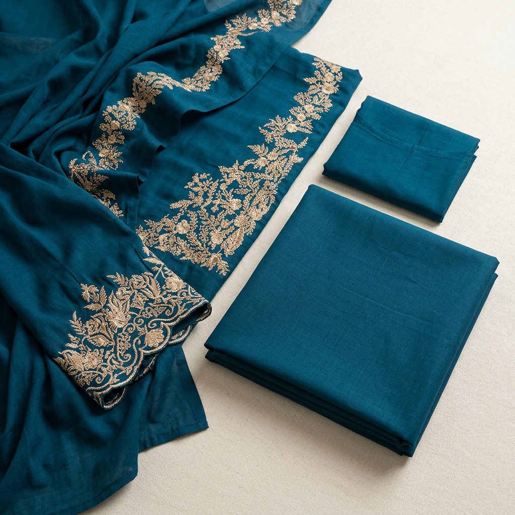 Premium Teal Embroidered Unstitched Lawn 3 Piece Suit for Women